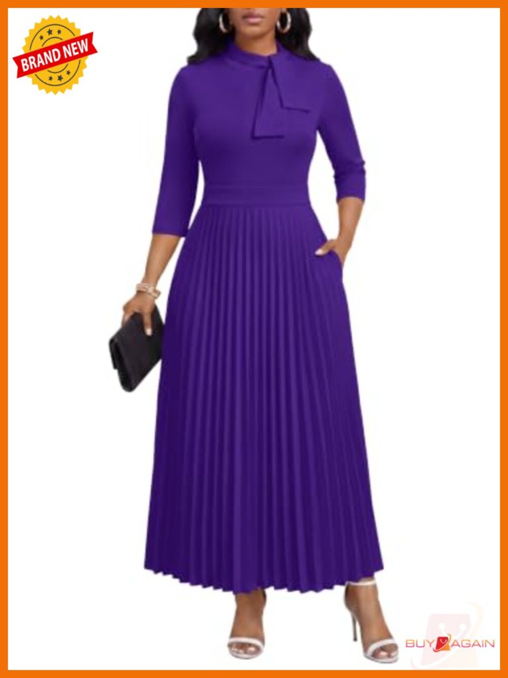 FANDEE Pleated A-Line Maxi Dress 3/4 Sleeve Bow Tie Neck Pockets